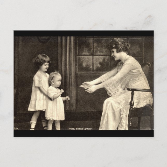 Postal Primeros pasos del bebé vintage 1918 (Anverso)