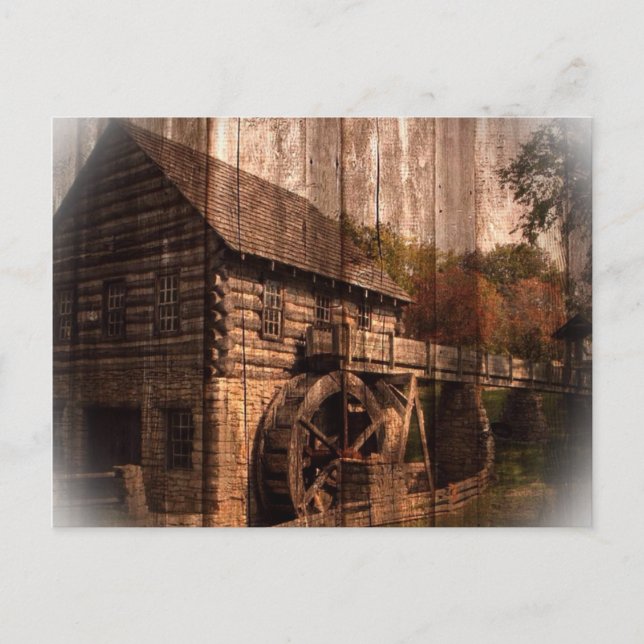 Postal Primitive Barn Wood granjero molino rueda de agua (Anverso)