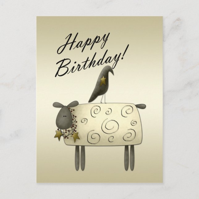 Postal Primitive Crow and Sheep Birday Postcard (Anverso)