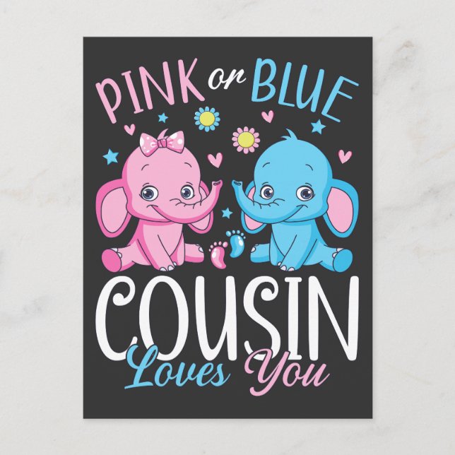 Postal Primo de rosa o azul te ama elefante bebé (Anverso)
