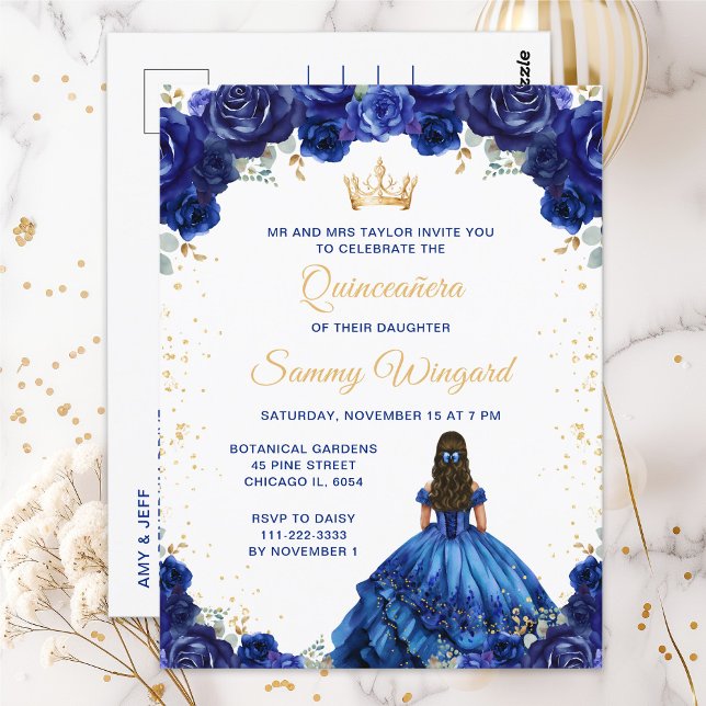 Postal Princesa Azul Oscura Floral Quinceañera (Subido por el creador)