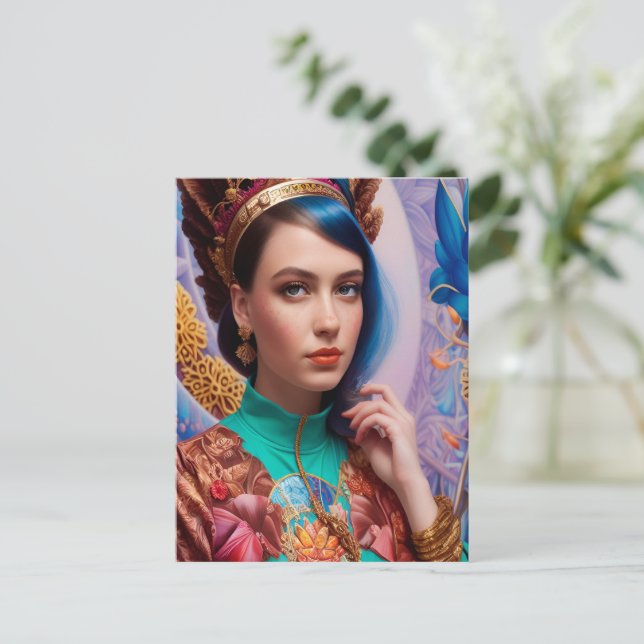 Postal Princesa con atuendo verde azulado decorativo (Anverso de pie)