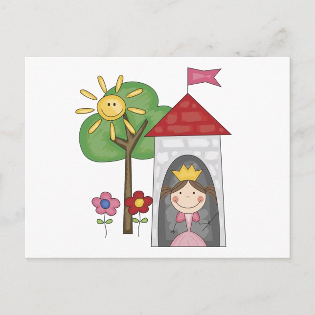 Postal Princesa con camisetas y regalos en la torre (Anverso)