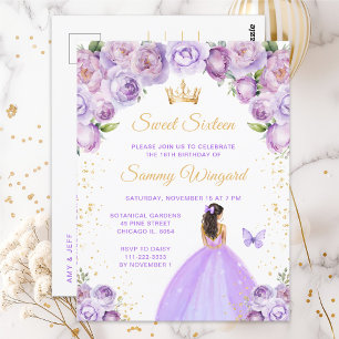 Postal Princesa de cabello castaño y púrpura claro Cumple