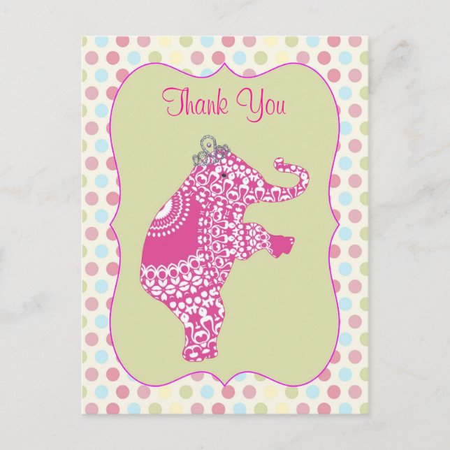 Postal Princesa de Elefante Rosa Cute Gracias Cartas (Anverso)