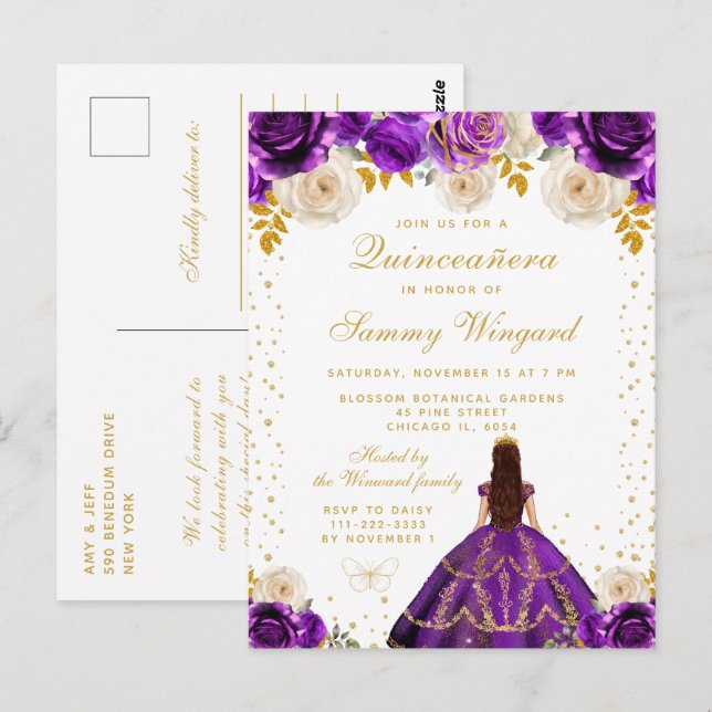 Postal Princesa de Floral Púrpura Quinceañera (Anverso / Reverso)