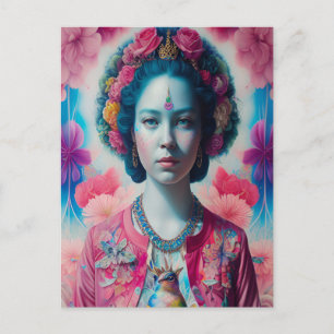 Postal Princesa de flores azules con chaqueta rosa