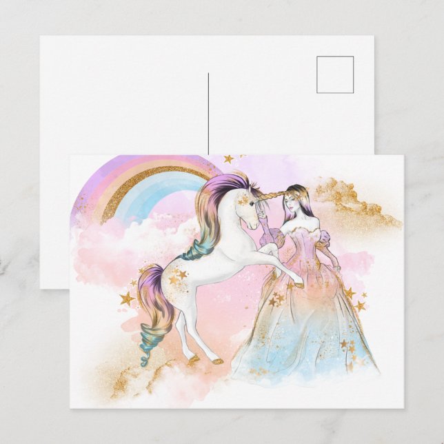 Postal Princesa de hadas Unicorn (Anverso / Reverso)