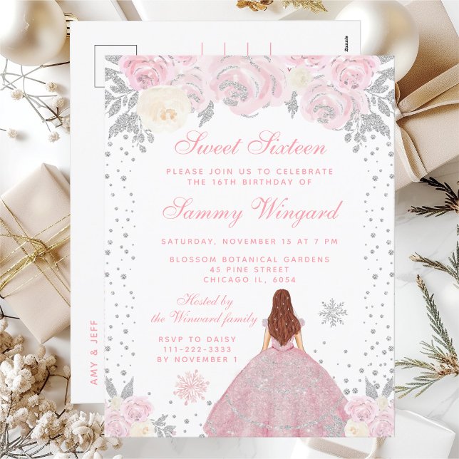 Postal Princesa de invierno rosa con cabello castaño Dulc (Subido por el creador)