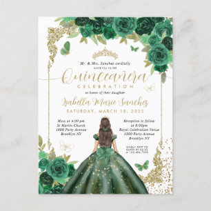 Postal Princesa de oro verde esmeralda Floral Quinceañera