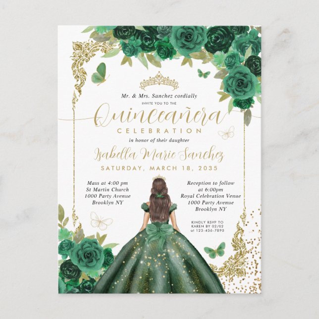 Postal Princesa de oro verde esmeralda Floral Quinceañera (Anverso)
