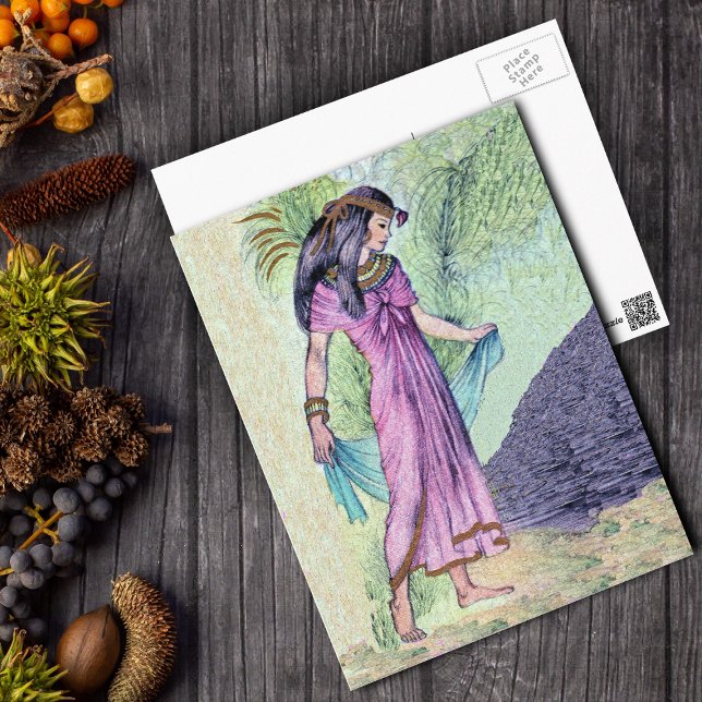 Postal Princesa Egipcia (Ancient Egyptian woman in pink dress blue scarf on postcard.)