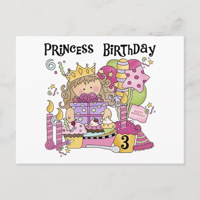 Postal Princesa fiesta 3 camisetas de cumpleaños y regalo (Anverso)
