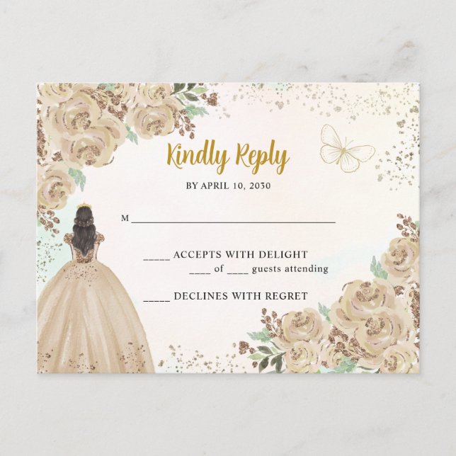Postal Princesa Floral de cobre de oro ligero Quinceañera (Anverso)