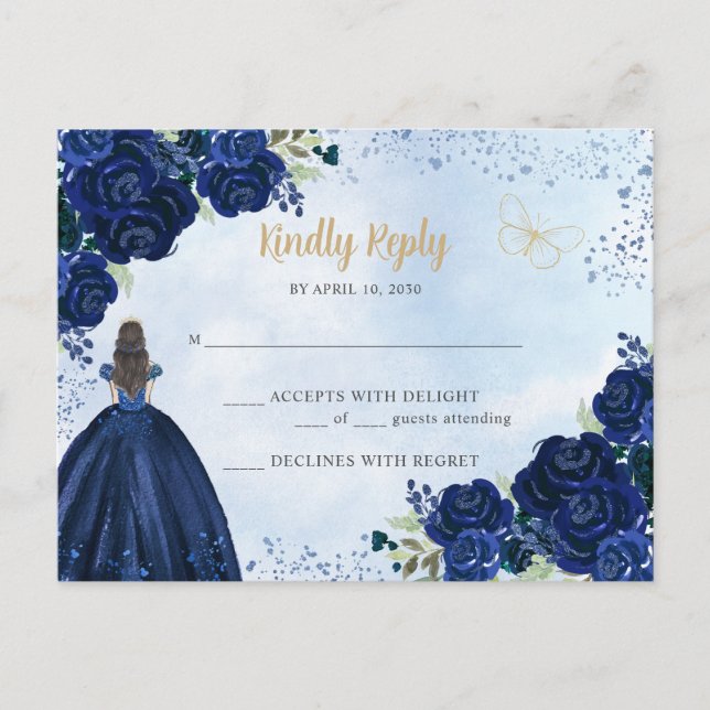 Postal Princesa floral de oro azul de la marina Quinceañe (Anverso)