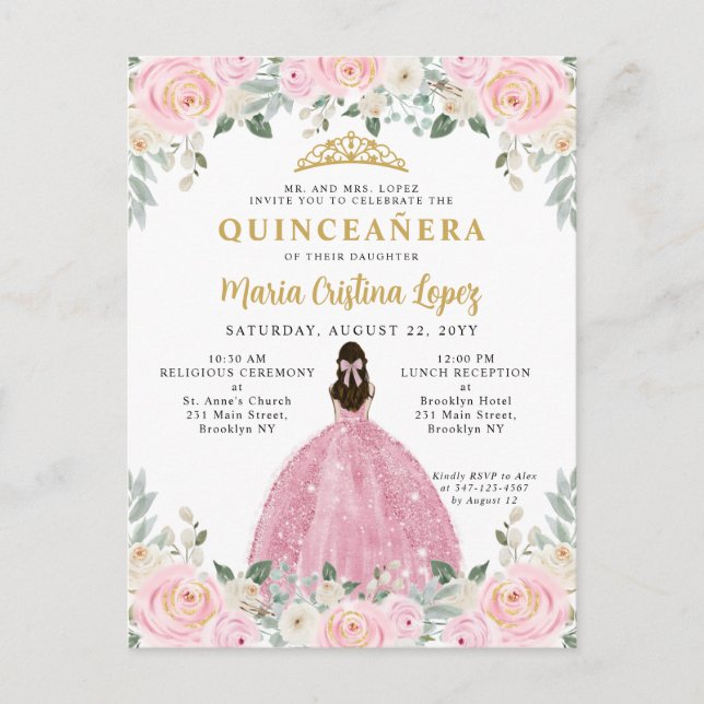 Postal Princesa Floral de oro rosa Rubor Quinceañera (Anverso)