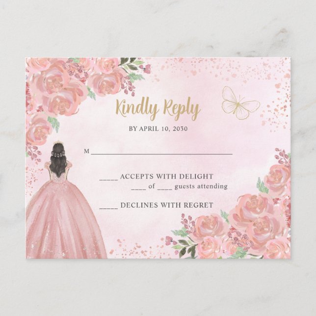 Postal Princesa Floral de oro rosa Rubor Quinceañera RSVP (Anverso)