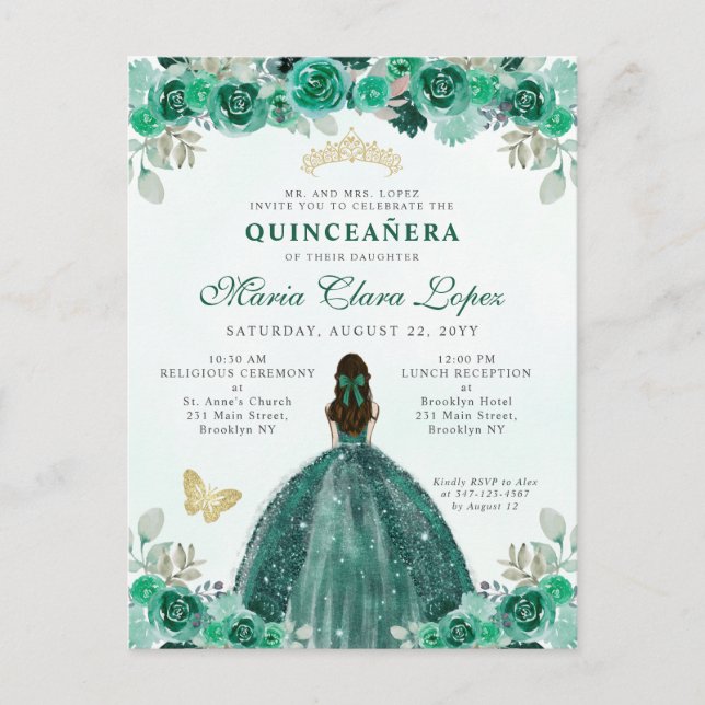 Postal Princesa floral de oro verde esmeralda Quinceañera (Anverso)