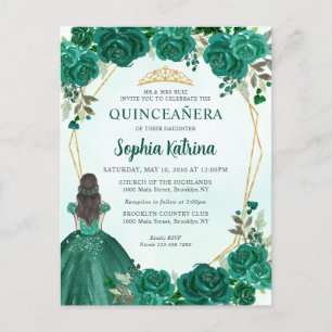 Postal Princesa floral de oro verde esmeralda Quinceañera