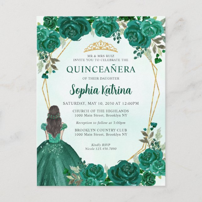 Postal Princesa floral de oro verde esmeralda Quinceañera (Anverso)