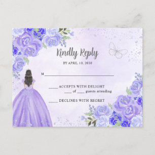 Postal Princesa Floral de Plata Morada Quinceañera RSVP