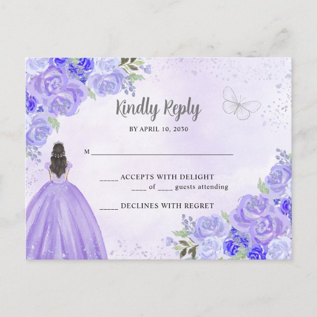 Postal Princesa Floral de Plata Morada Quinceañera RSVP (Anverso)