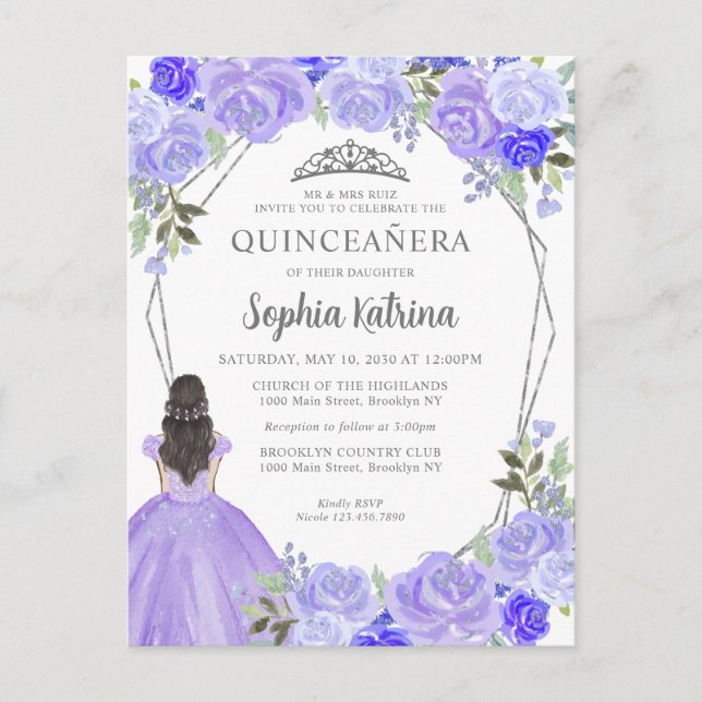 Postal Princesa Floral de plata morada Tiara Quinceañera (Anverso)