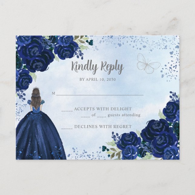 Postal Princesa Floral Floral Azul de la Marina Quinceañe (Anverso)