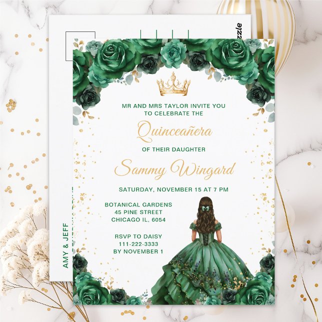 Postal Princesa Floral Verde Oscuro Quinceañera (Subido por el creador)