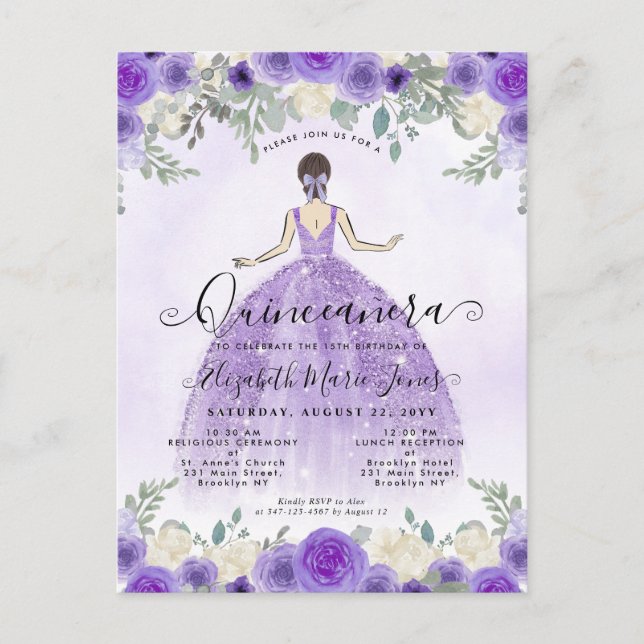 Postal Princesa Floral Violeta Morada Cumpleaños Quincean (Anverso)