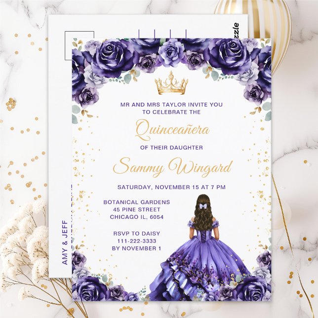 Postal Princesa Morada Oscura Floral Quinceañera (Subido por el creador)