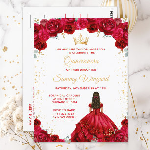 Postal Princesa Roja Floral Quinceañera