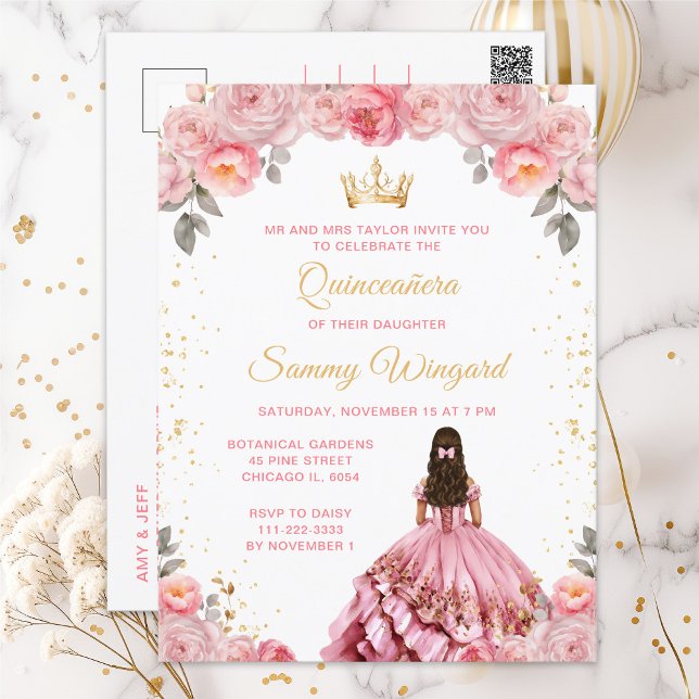 Postal Princesa Rosa Rosa Floral Quinceañera (Subido por el creador)