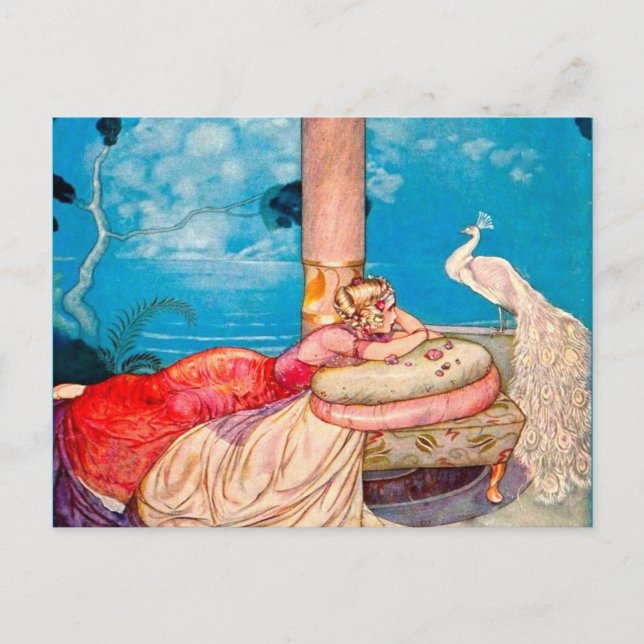 Postal Princesa y pavo real blanco creando magia (Anverso)