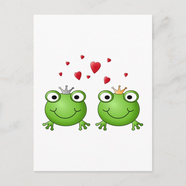 Postal Príncipe de rana y Princesa de rana, con corazones (Anverso)