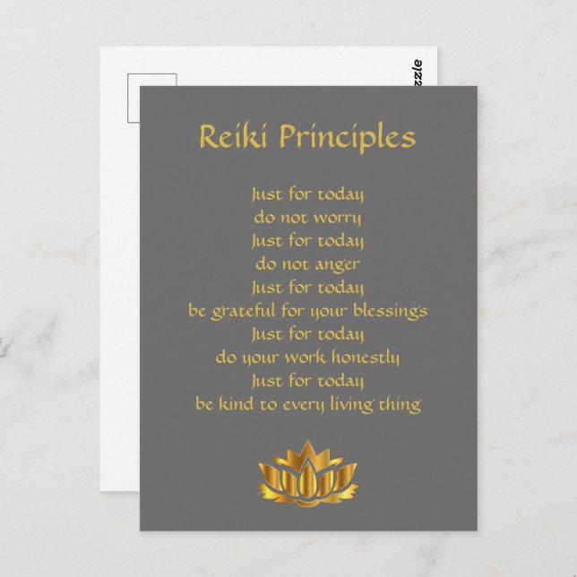 Postal Principios de Reiki Gris y Oro (Anverso / Reverso)