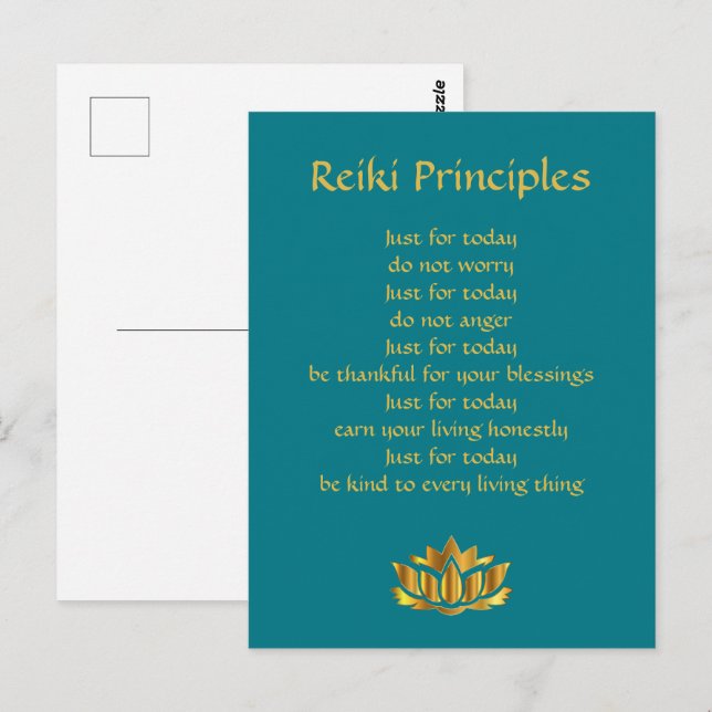 Postal Principios de Reiki Verde azulados/Gold Lotus (Anverso / Reverso)