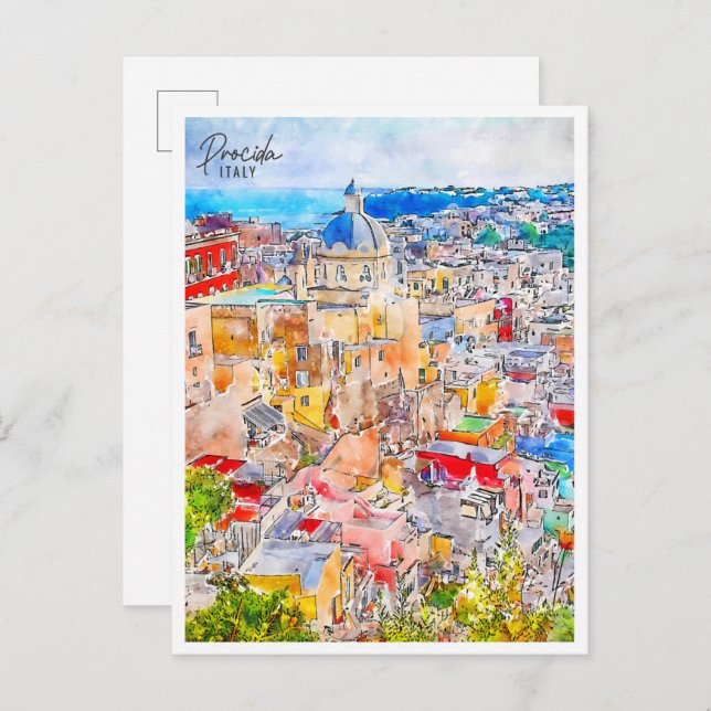 Postal Procida Italia vintage acuarela (Anverso / Reverso)