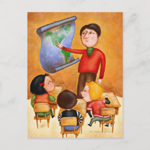 Postal Profesor apuntando al mapa, tres niños en escritor