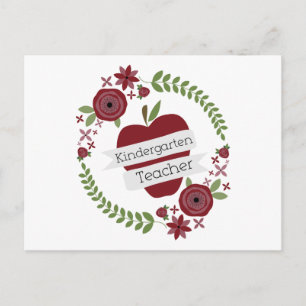 Postal Profesora de jardín de infancia Floral Wreath Red