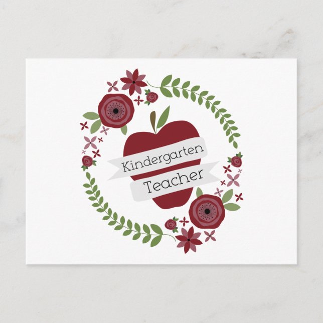 Postal Profesora de jardín de infancia Floral Wreath Red  (Anverso)