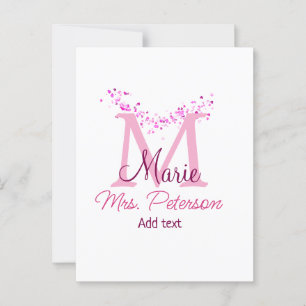 Postal Profesora de monograma de purpurina de corazón ros