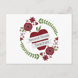 Postal Profesora de segundo grado de Floral Wreath Red Ap