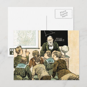 Postal Profesora y estudiantes. Arte de vintage