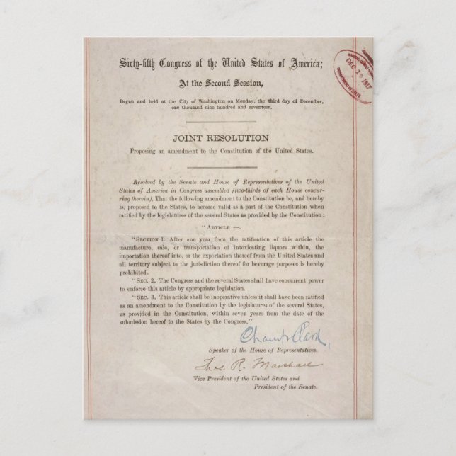 Postal Prohibición 18ª enmienda (Anverso)