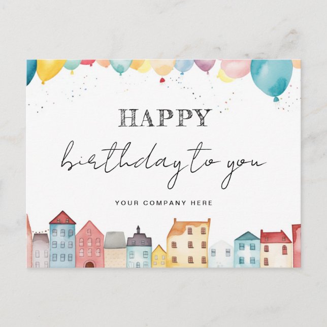 Postal Propiedad Feliz Cumpleaños Acuarela Casa Globos (Anverso)