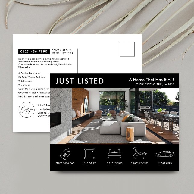 Postal Propiedad listada Mercadeo Inmobiliario Negro (Add your custom text, contact details, logo and photos to create promotional cards for real estate)