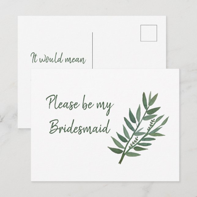 Postal Propuesta de Dama de Honor Botánica Simple Verde (Anverso / Reverso)