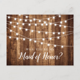 Postal Propuesta de Honor de Rustic Wood & Fairy Lights