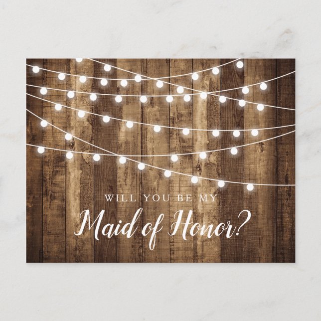 Postal Propuesta de Honor de Rustic Wood & Fairy Lights (Anverso)